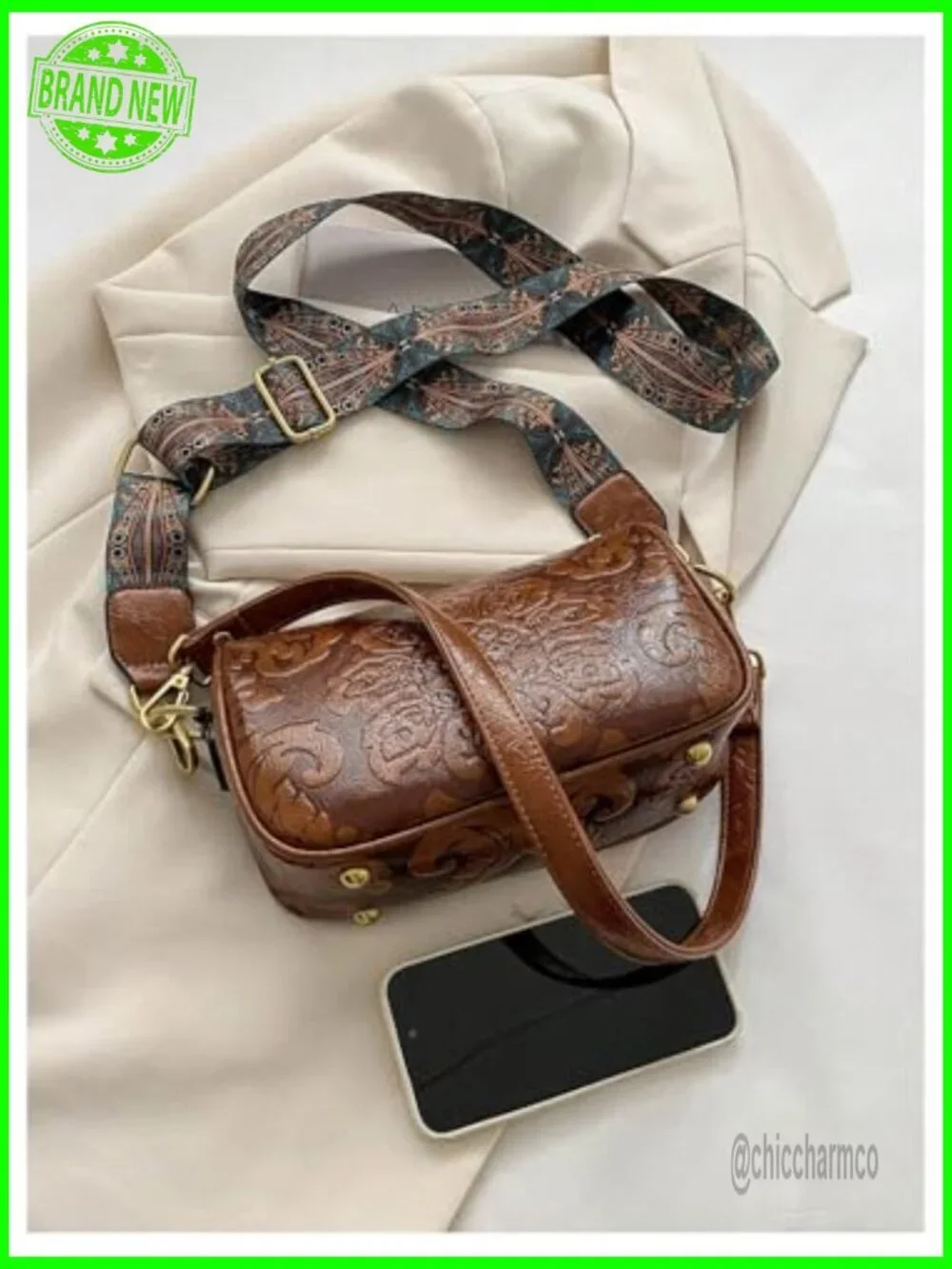 Vintage Western Tooled Leather Crossbody Bag Floral Zipper Hobo Purse